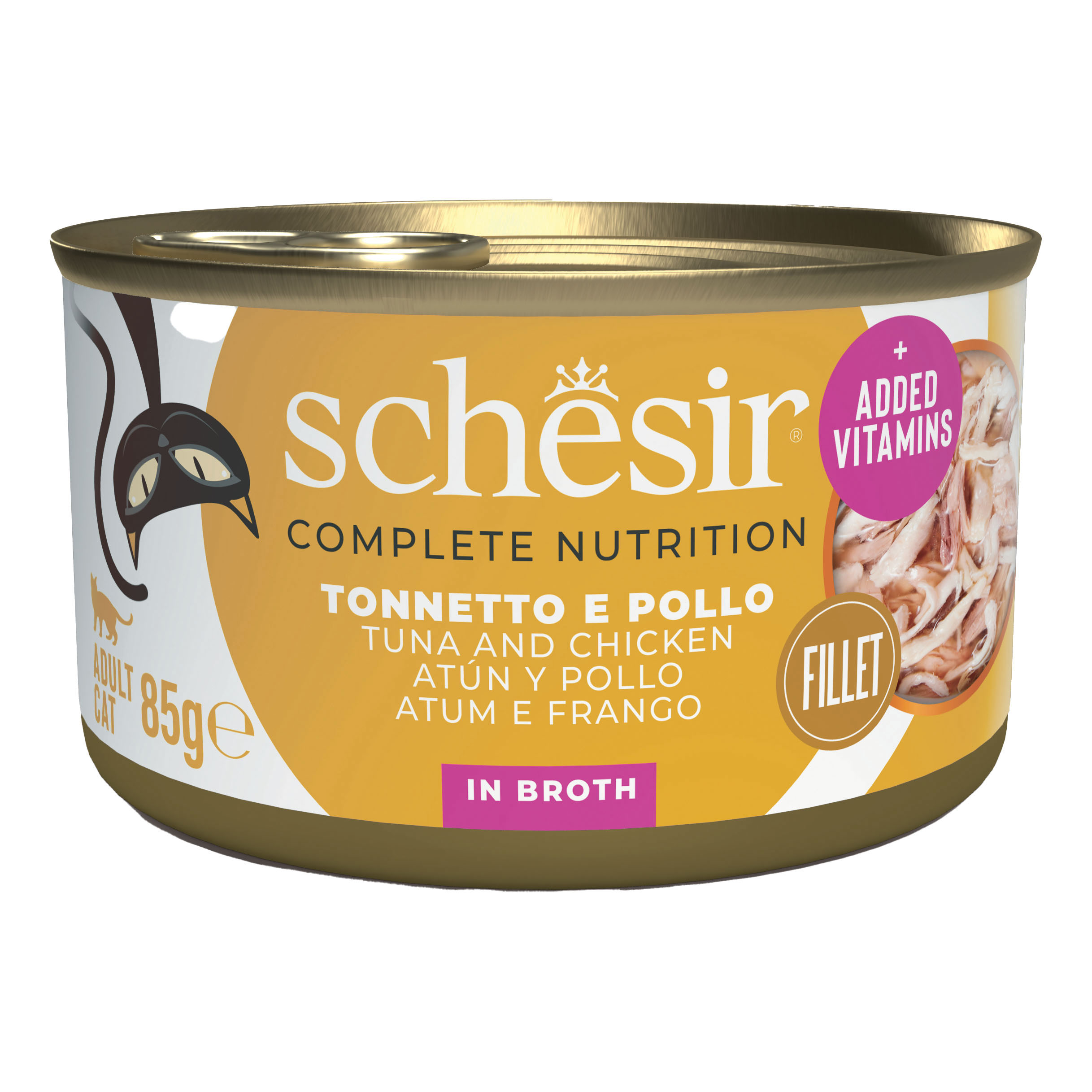 foto del prodotto schesir gatto lattina in acqua di cottura adulto tonnetto, pollo amp riso 85 gr