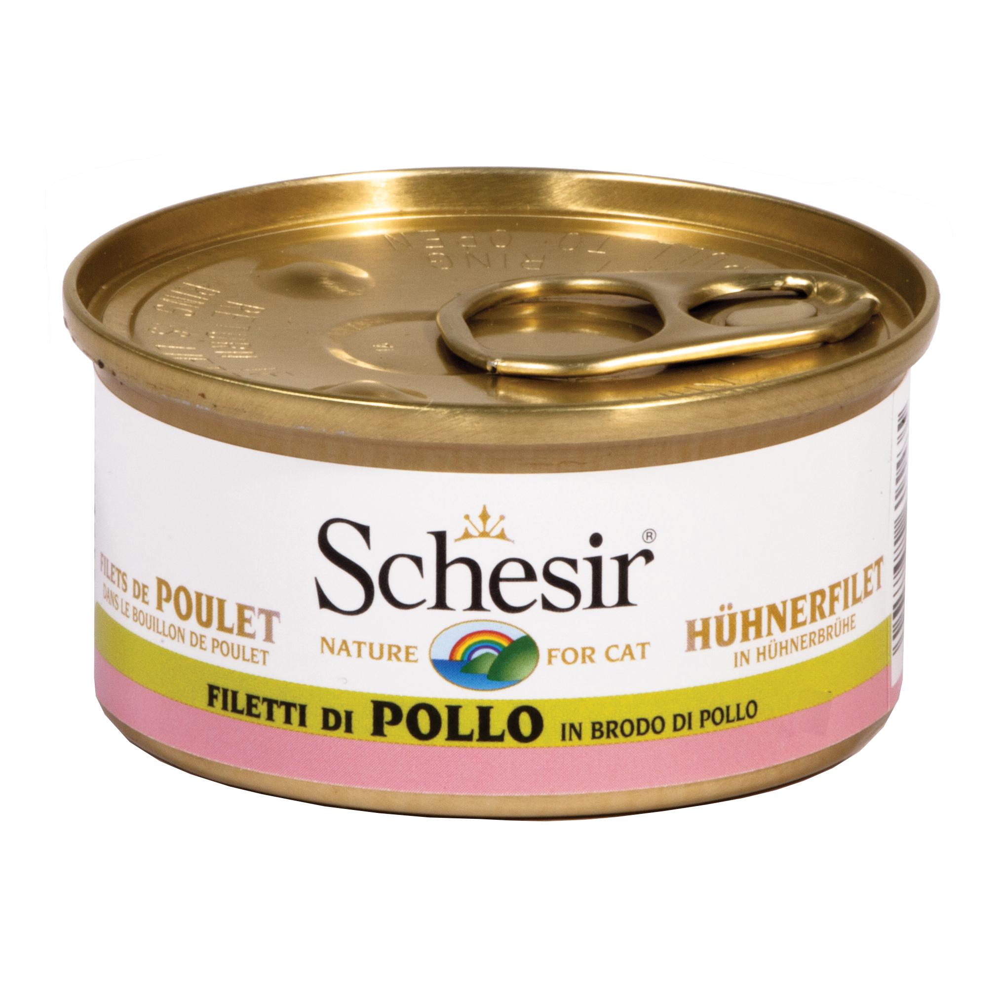foto del prodotto schesir gatto lattina in brodo di pollo adulto filetti di pollo 70 gr