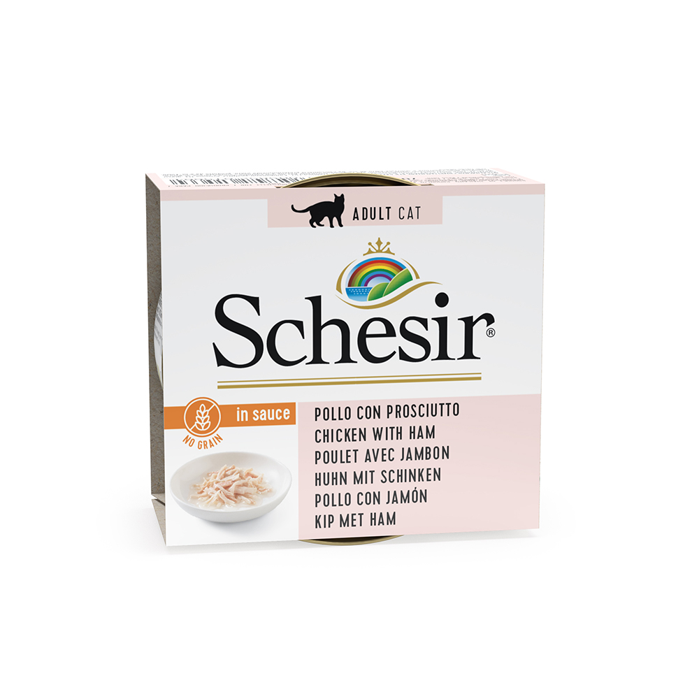 foto del prodotto schesir in salsa naturale 6 x 70 g umido per gatto pollo con prosciutto