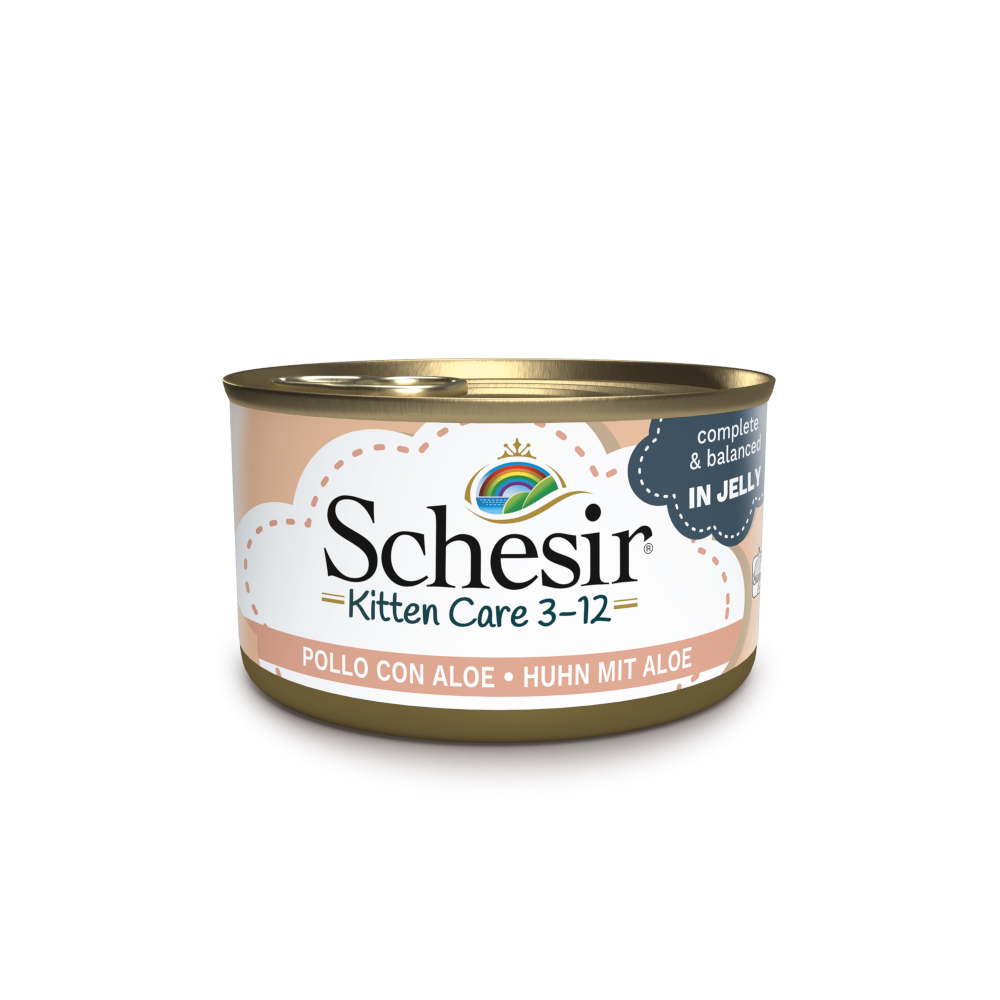 foto del prodotto schesir kitten lattine in gelatina umido per gatto 6 x 85 g pollo con aloe