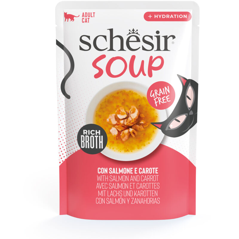 foto del prodotto schesir soup grain free per gatti con salmone e carote da 40 gr
