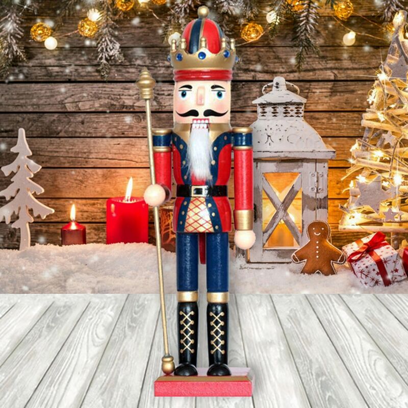 foto del prodotto schiaccianoci di natale 30cm in legno re con scettro di colore rosso e blu wisdom