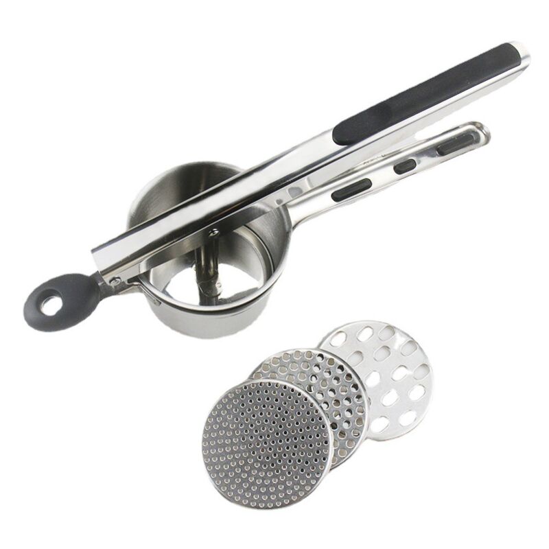 foto del prodotto schiacciapatate con manico in silicone, pressa multifunzionale con cambio filtro, schiacciapatate con manico in silicone, nero sollbry
