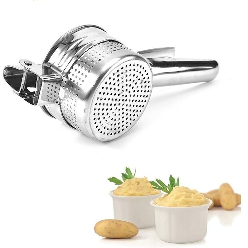 foto del prodotto schiacciapatate multifunzione in acciaio inossidabile per pur di patate, frutta, verdura, spremi aglio e mele, lavabile in lavastoviglie 26,7x10,2x7