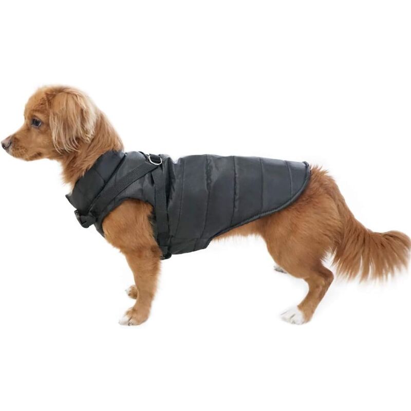 foto del prodotto schiena 35 cm petto 45 cm cappotto invernale nero per cani impermeabile e caldo con foro per il guinzaglio, set di giubbotti per cuccioli,
