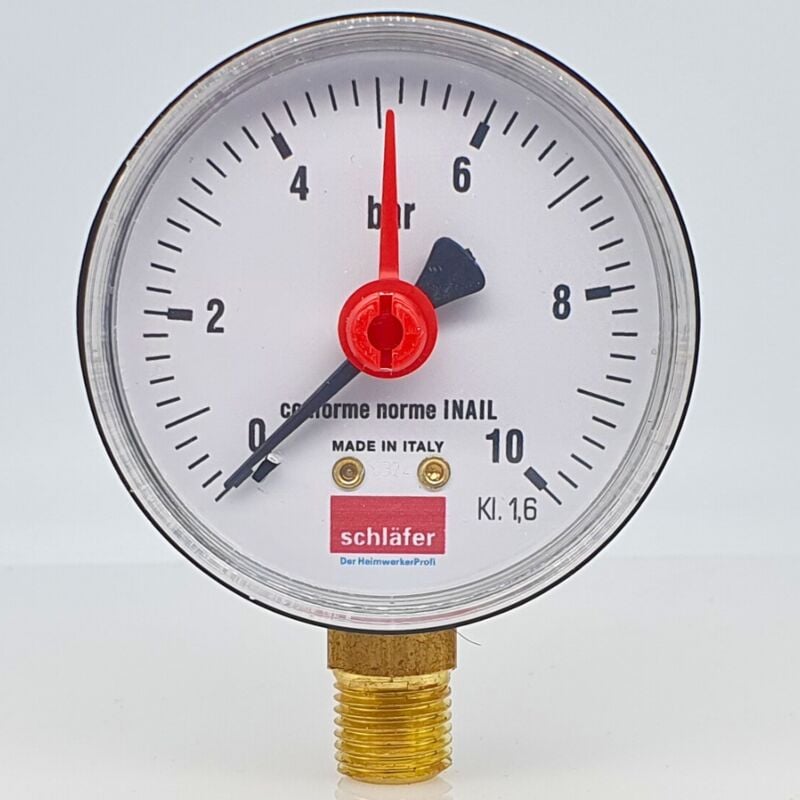 foto del prodotto schl fer 0930166 manometro idraulico verticale con attacco radiale 1 4 , scala 0 10 bar, diametro 63mm, ideale per impianti termici aria e acqua,