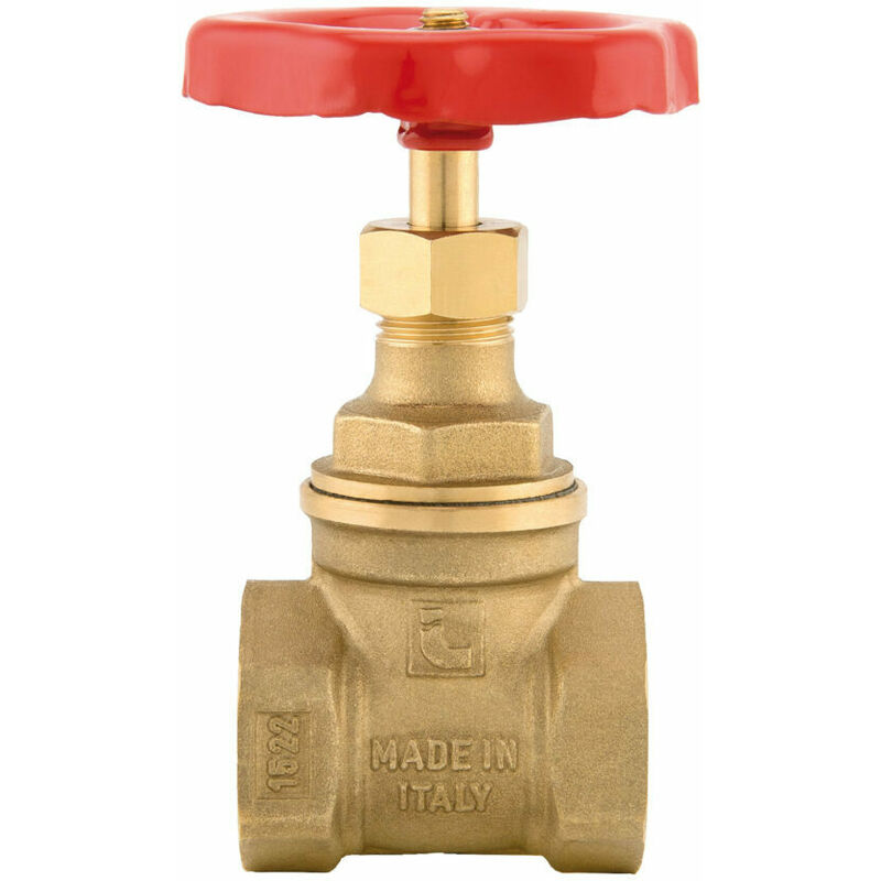 foto del prodotto schl fer 0933004 valvola per acqua a saracinesca universale in ottone g 1 femmina femmina, volantino rosso in alluminio e bullone di bloccaggio,