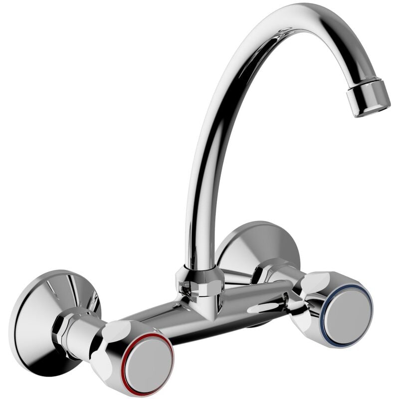 foto del prodotto schl fer 3431112 rubinetto lavello cucina a muro con 2 manopole tonde, canna girevole universale a j da 150mm e aeratore a risparmio idrico,