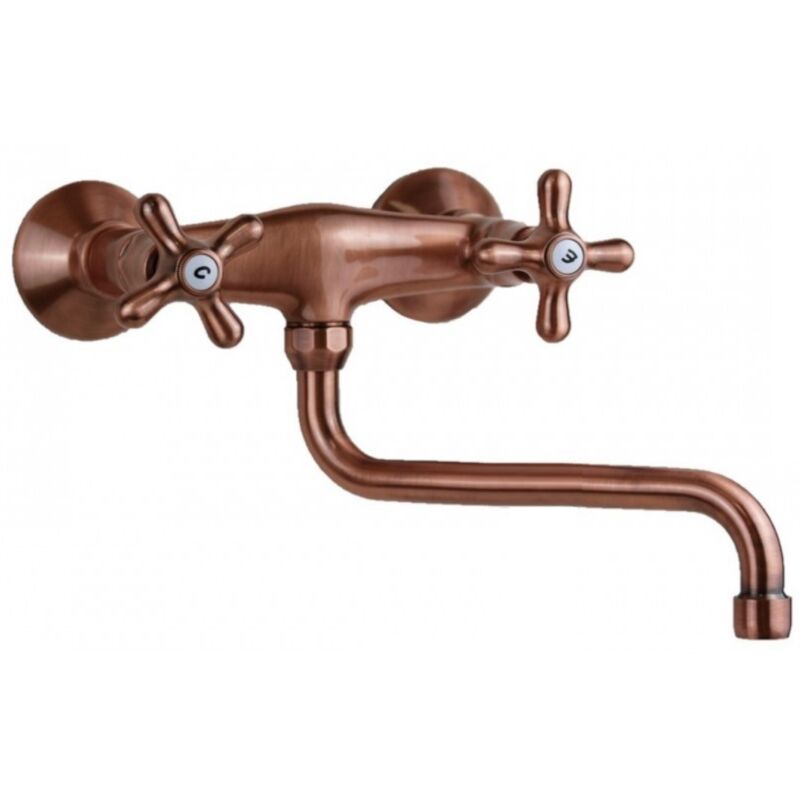 foto del prodotto schl fer 3460116 rubinetto lavello cucina a muro stile retrò, perfetto anche per lavanderia e bagno, design vintage con 2 manopole e canna girevole a