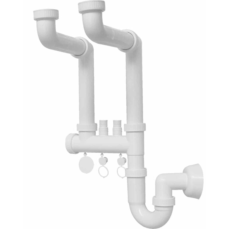 foto del prodotto schl fer 4395027 sifone autopulente universale a 2 vie 1 1 2 per lavelli inox con doppio attacco per scarico lavatrice asciugatrice, uscita tubo 