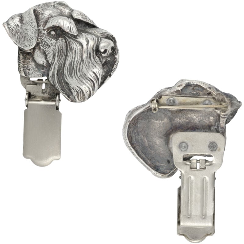 foto del prodotto schnauzer, schnauzer i spilla con clip, porta numero di partenza, distintivo argentato per esposizioni canine di art dog