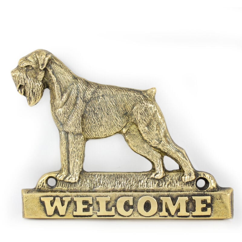 foto del prodotto schnauzer, schnauzer ii targa porta con un cane, targa di benvenuto in ottone, cartello unico con la scritta welcome by art dog