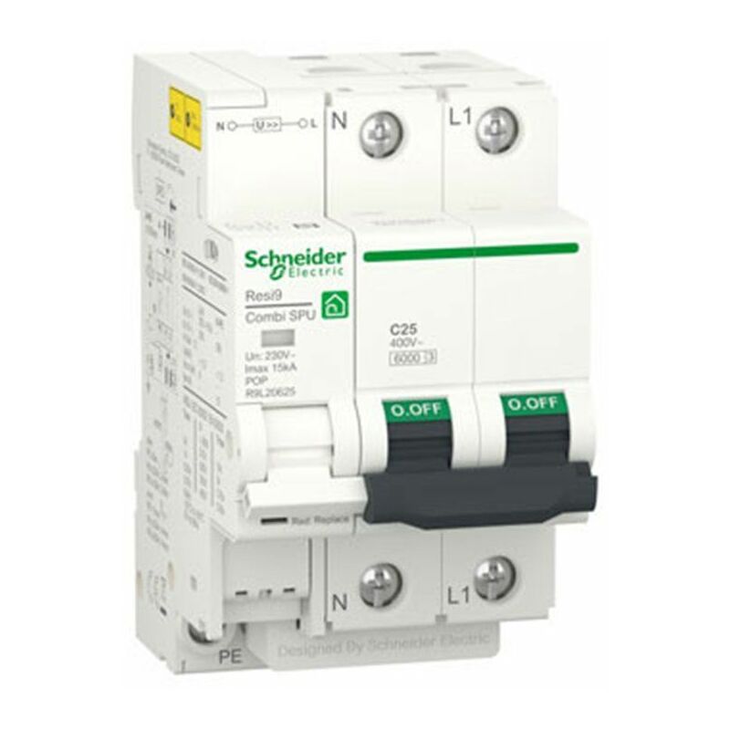 foto del prodotto schneider r9l20625 limitatore di sovratensione transitorio e permanente combi spu 1p n 25a resi9