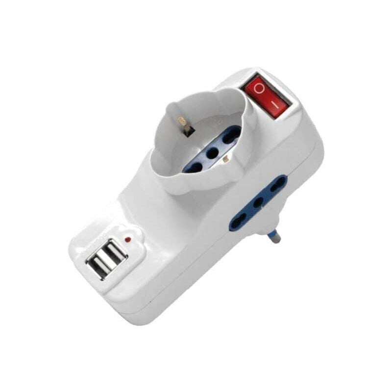 foto del prodotto schuko fai adattatore triplo con e 2 uscite usb interruttore e spina rotante