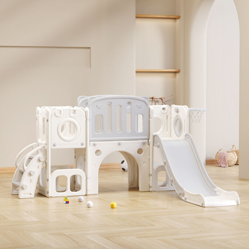 foto del prodotto scivolo 6 in 1 per bambini bears con uno scivolo, due piattaforme, due scomparti per armadietto a pavimento, canestro da basket e scale polietilene