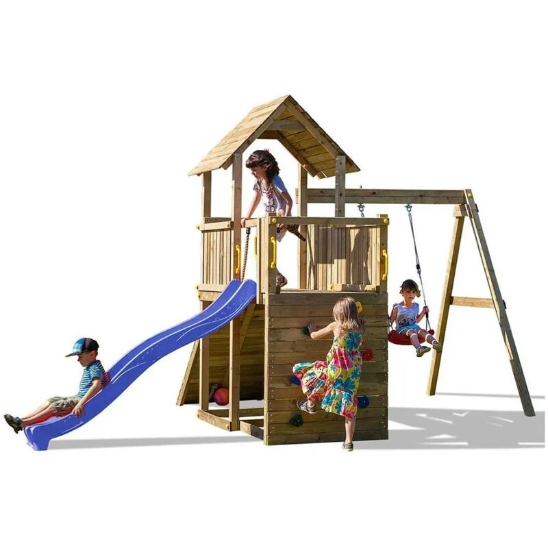 foto del prodotto scivolo altalena e arrampicata in legno fungoo carol 3 gioco in legno per giardino