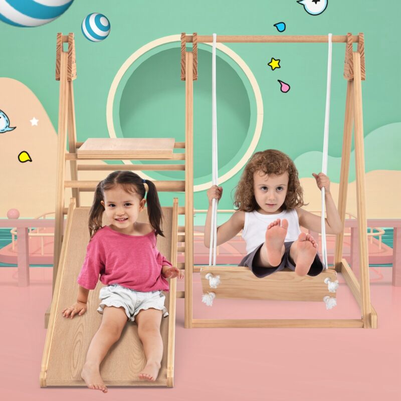 immagine 0 del prodotto scivolo e altalena in legno per bambini, realizzato in compensato di pino massiccio, giocattolo 3 in 1 con struttura da arrampicata, altalena,
