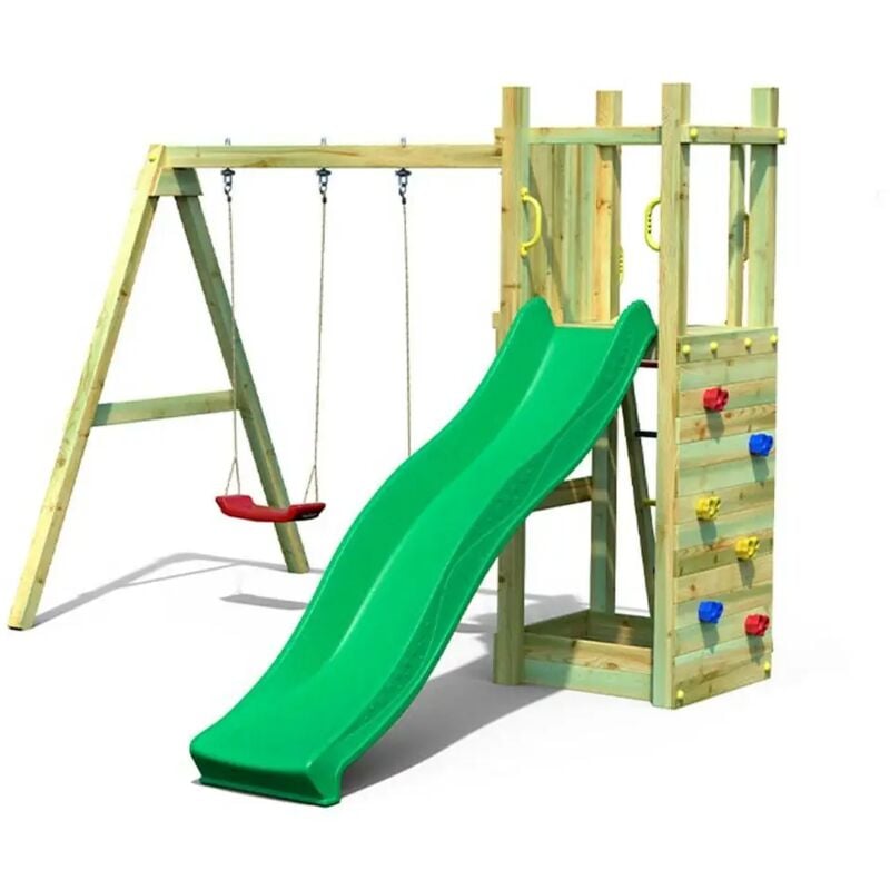 foto del prodotto scivolo e due altalene in legno fungoo funny 3 gioco in legno per giardino
