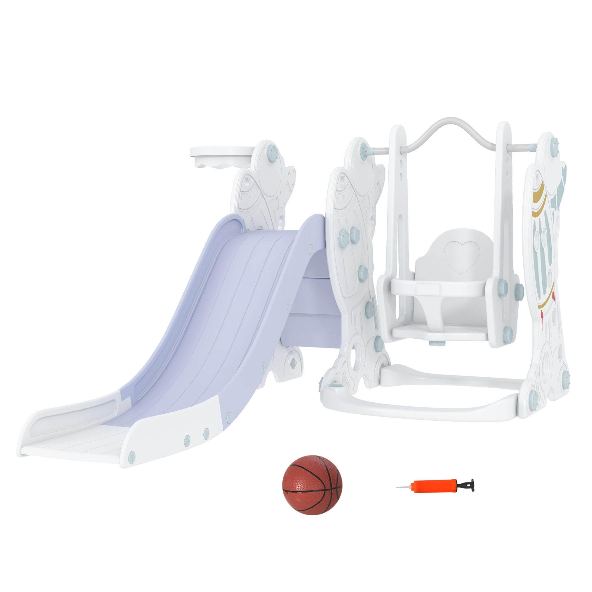 foto del prodotto scivolo per bambini 150x185x92 cm, con altalena e canestro bianco e grigio