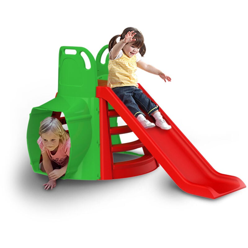 foto del prodotto scivolo per bambini 180x180x98 cm con tunnel in plastica rosso e verde