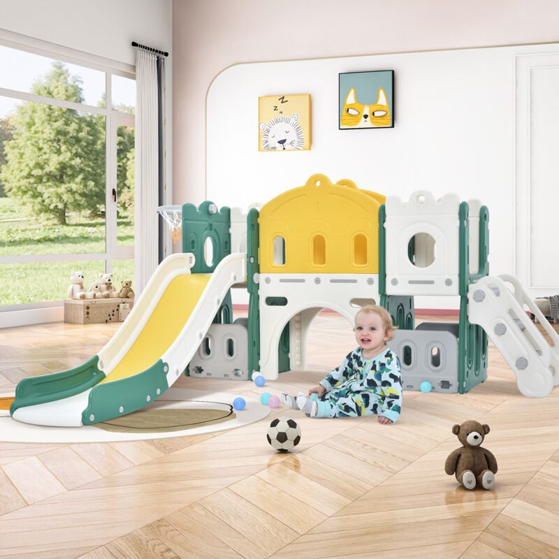 foto del prodotto scivolo per bambini 6 in 1, castello per bambini, arrampicata, gioco di perforazione, struttura per basket, verde