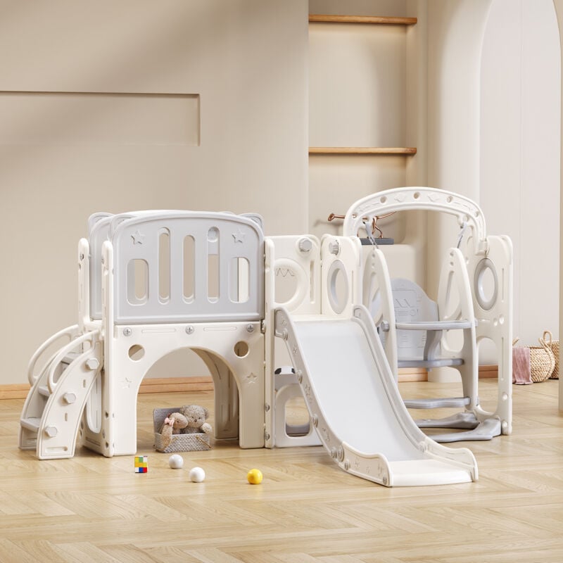 foto del prodotto scivolo per bambini 7 in 1 composto da scivolo, altalena, piattaforma, mobile base, gioco di foratura, canestro da basket e scale polietilene ad