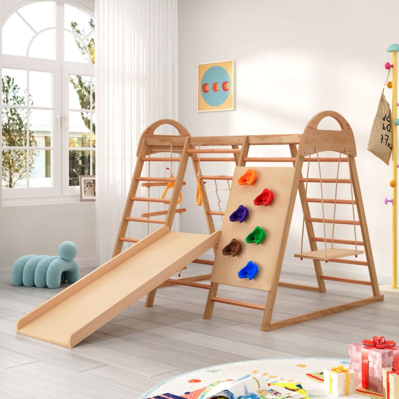 foto del prodotto scivolo per bambini 7 in 1, struttura per arrampicata con altalena, multifunzionale, adatto per interni esterni, legno, colore naturale