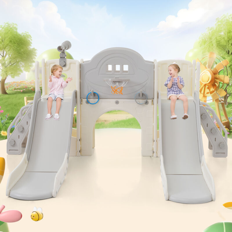 foto del prodotto scivolo per bambini 8 in 1, 2 scivoli, arrampicabile, forabile, con supporto per basket, adatto per interni esterni, scivolo da giardino, hdpe,