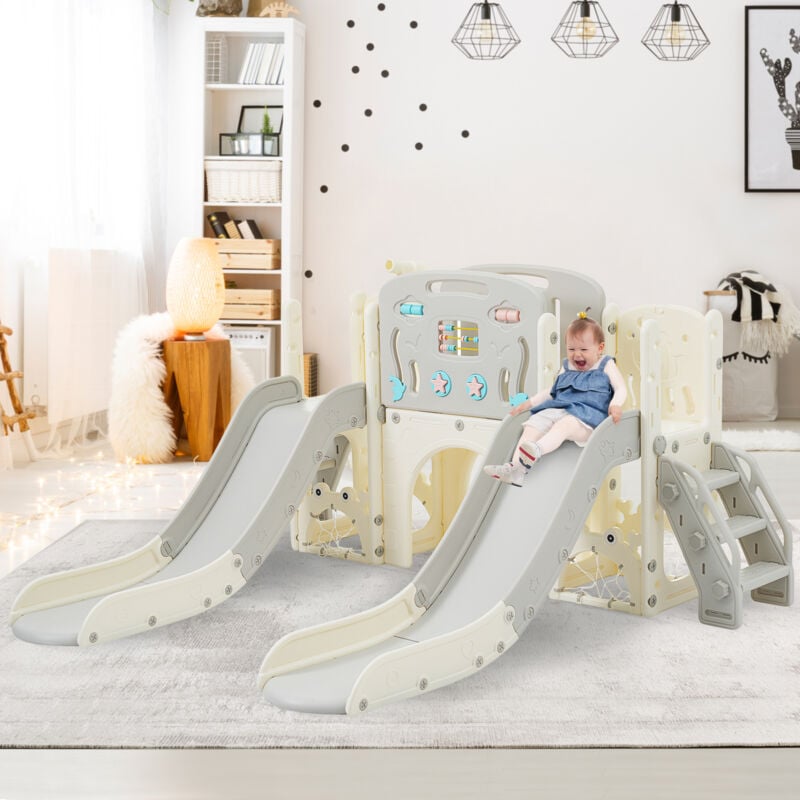 foto del prodotto scivolo per bambini 8 in 1 con supporto per basket, tunnel ad arco e telescopio, struttura per arrampicata, scivolo doppio, hdpe, grigio