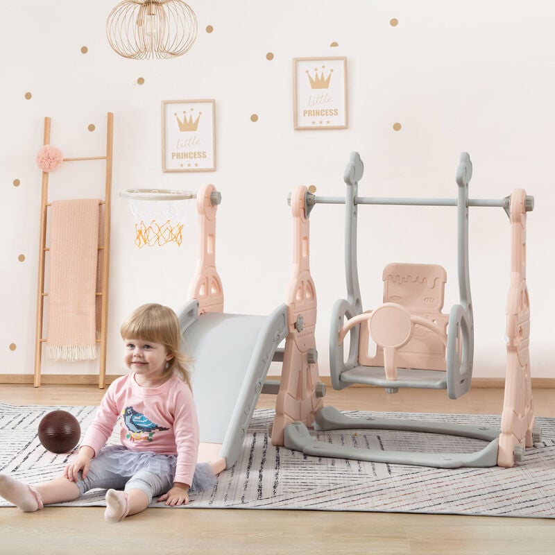 foto del prodotto scivolo per bambini, scivolo da giardino, scivolo multifunzione 4 in 1 per bambini con supporto da basket, scala da arrampicata, altalena per uso