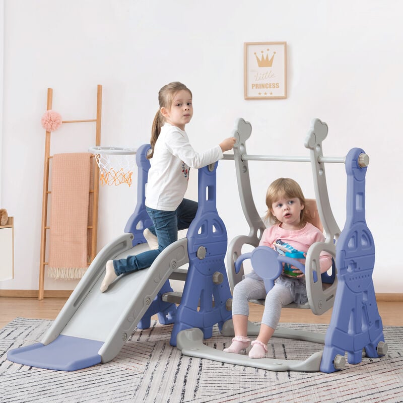 foto del prodotto scivolo per bambini, scivolo da giardino, scivolo multifunzione 4 in 1 per bambini con supporto da basket, scala da arrampicata, altalena per uso