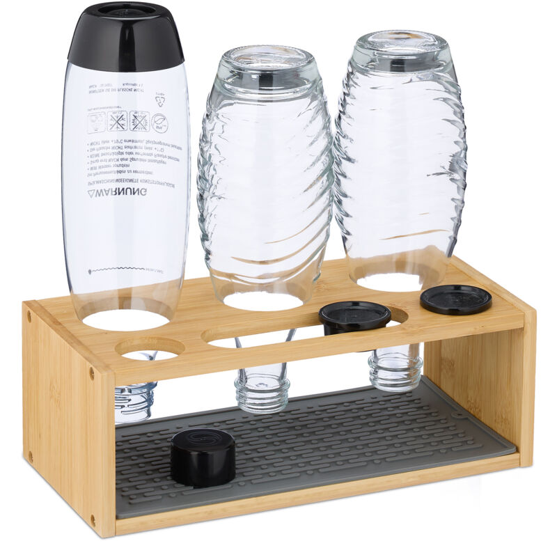 foto del prodotto scolabottiglie da lavandino, compatibile con bottiglie sodastream, supporto per 3 borracce, in bamb , naturale relaxdays