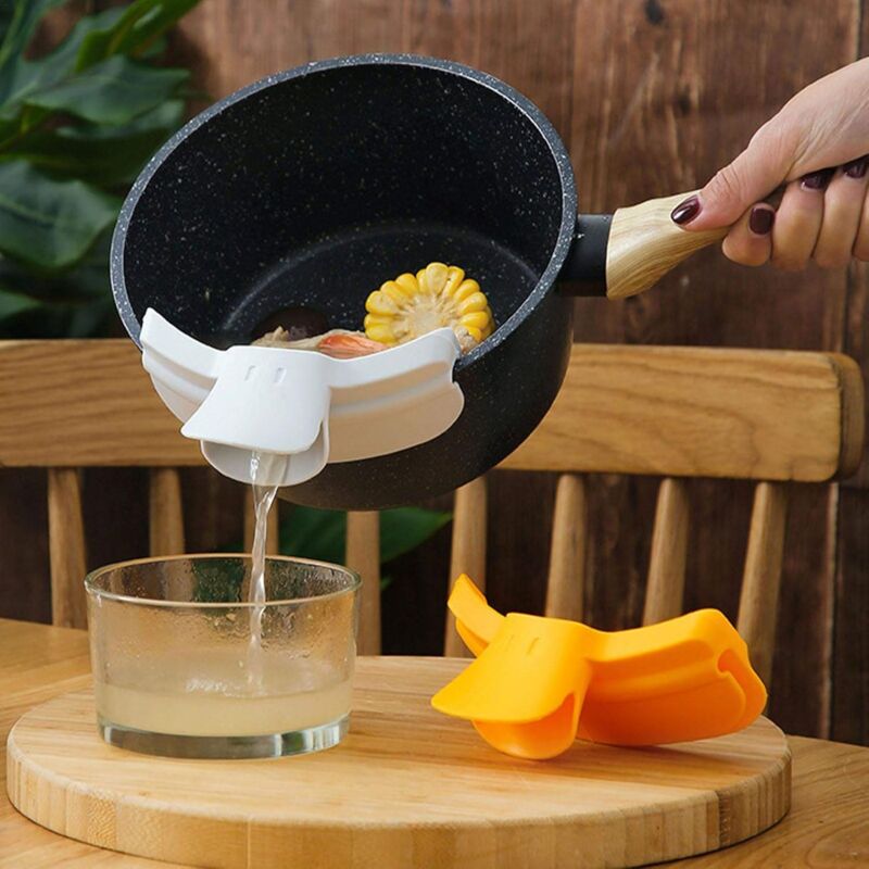 foto del prodotto scolapasta a clip, scolapasta in silicone attacca lo scolapasta alla pentola per drenare il cibo, scolapasta per alimenti aiuta a versare il vaso con