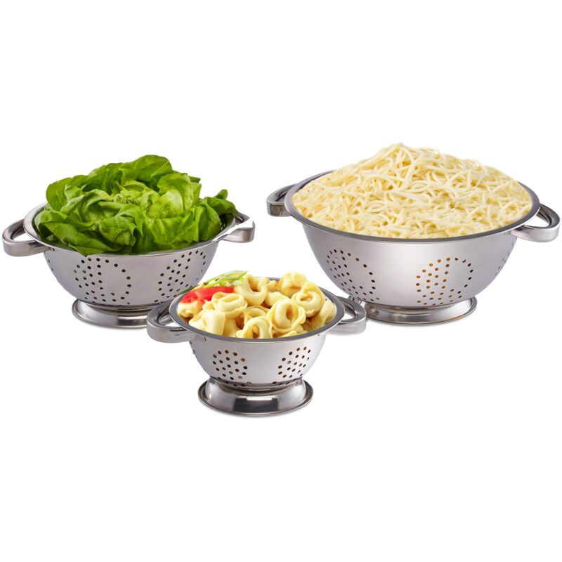 foto del prodotto scolapasta, set da 3 pz., 15 cm, 20 cm 25 cm. acciaio, antiruggine, con manici, colapasta, argento relaxdays
