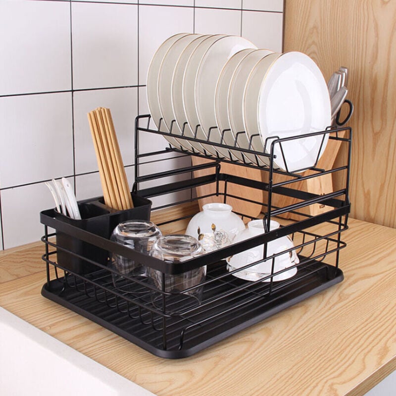 foto del prodotto scolapiatti a 2 ripiani con vassoio versatile e capiente, organizer da cucina per piano di lavoro o lavello 43x32x27 cm, nero