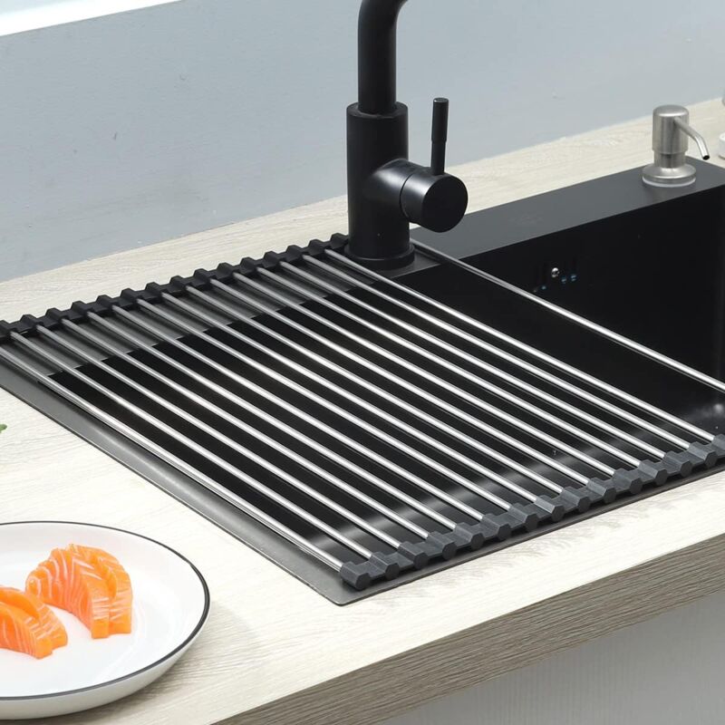 foto del prodotto scolapiatti arrotolabile in acciaio inox, scolapiatti portatile, pieghevole e multifunzionale, extra large 18 tubi 35 x 43 cm 