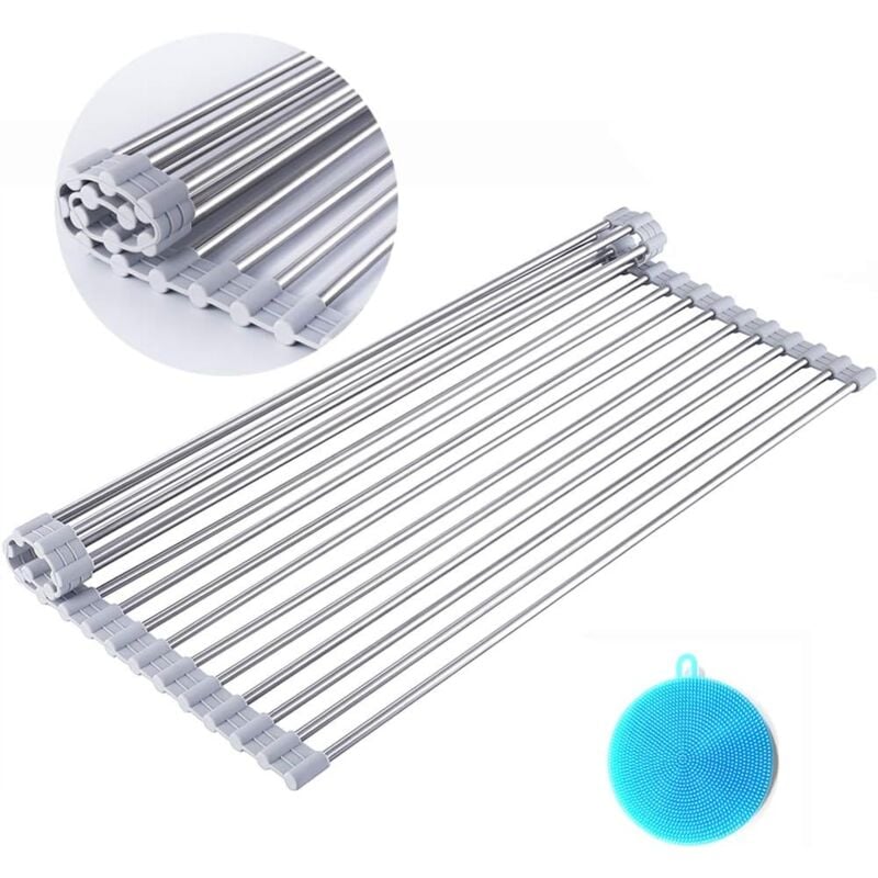 foto del prodotto scolapiatti arrotolabile sopra il lavello, scolapiatti pieghevole multiuso in acciaio inox, extra large