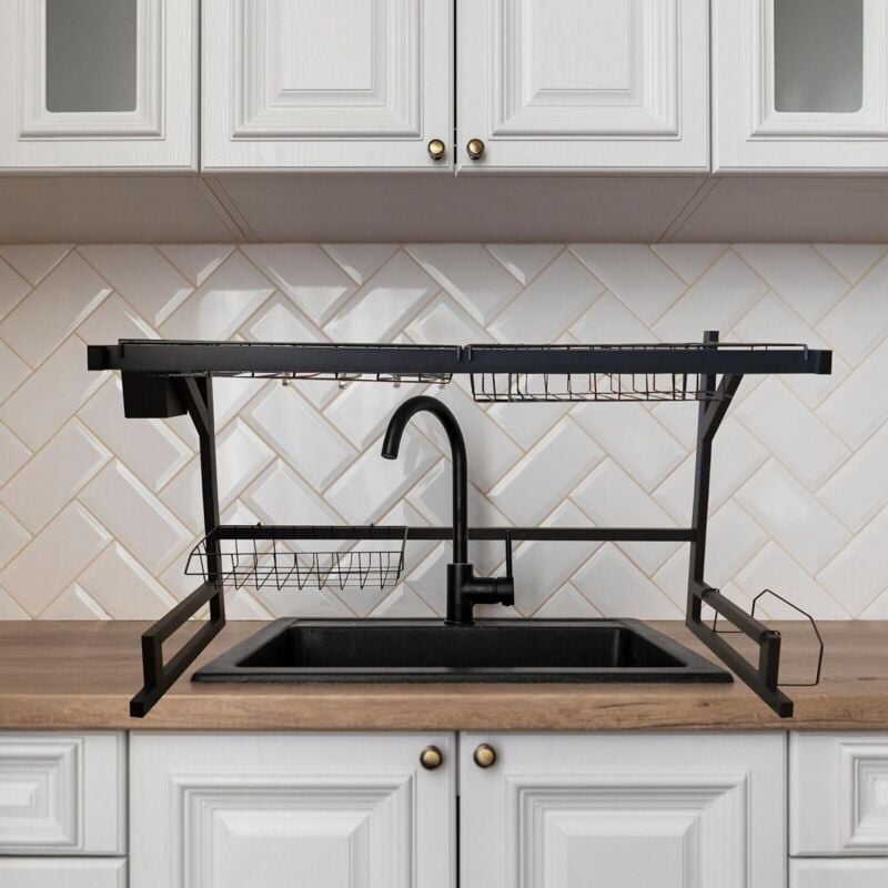 immagine 0 del prodotto scolapiatti da appoggio nero in metallo, 65 o 85 cm, 1 o 2 ripiani con portabicchieri e porta tagliere, organizer cucina per lavello, elegante e