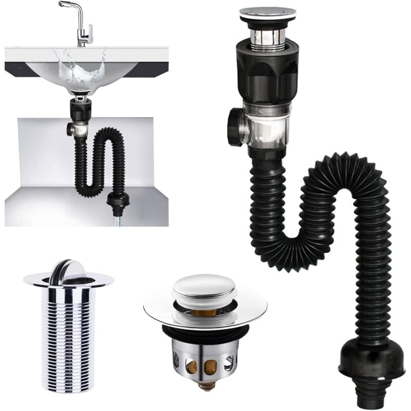 foto del prodotto scolapiatti per lavello, sifone per lavello, scarico per lavello senza troppopieno, estensibile da 300 a 955 mm per bagno, cucina nero 