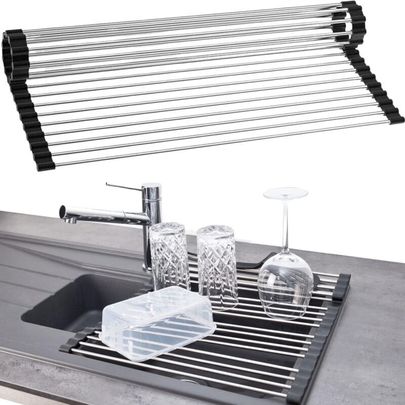 foto del prodotto scolapiatti pieghevole, acciaio inossidabile, plastica nera, 37 cm, scolapiatti da cucina, sicuro per il lavello, antiscivolo e resistente al calore, asciuga posate.