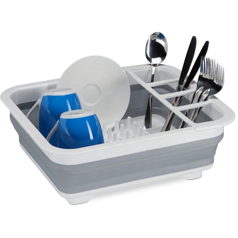foto del prodotto scolapiatti pieghevole, piatti posate, gocciolatoio da cucina campeggio, silicone, plastica, bianco grigio relaxdays