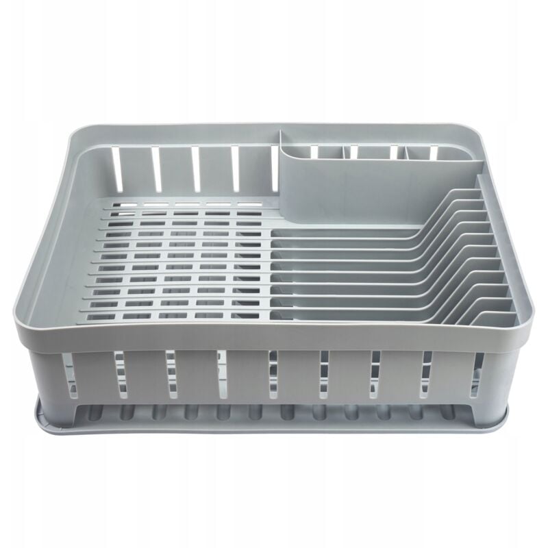 foto del prodotto scolapiatti rettangolare con portaposate, scolapiatti con vaschetta raccogligocce, scolapiatti da cucina, grigio chiaro kadax
