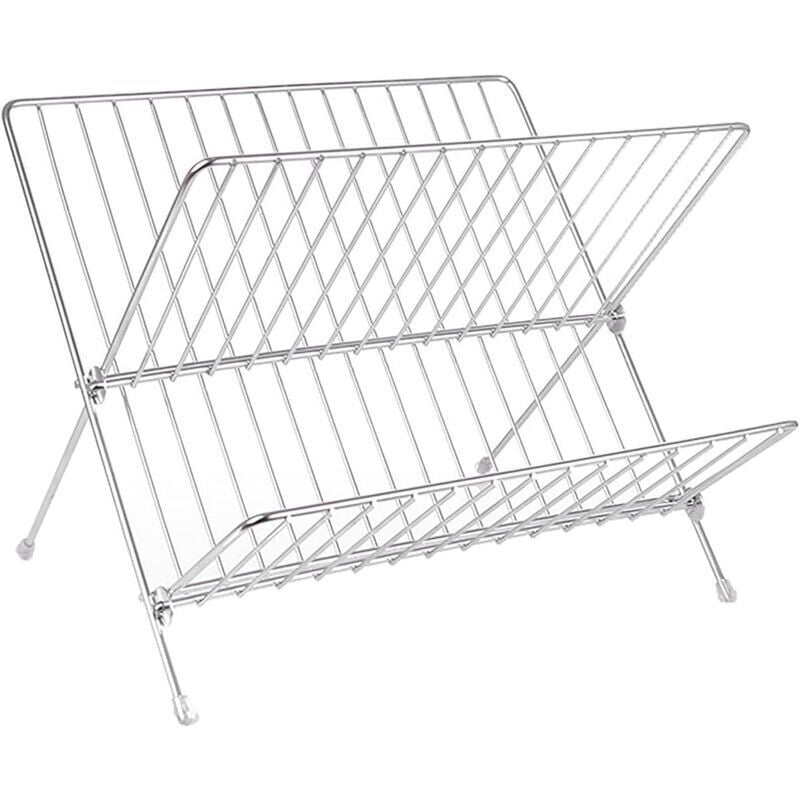 foto del prodotto scolapiatti. scolapiatti pieghevole minimalista, di grande capacità, a due livelli, in acciaio inox a forma di x.