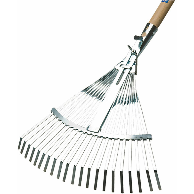 foto del prodotto scopa da giardino regolabile 21 denti in metallo zincato.