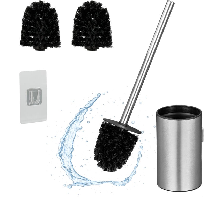 foto del prodotto scopino bagno wc, portascopino da parete, spazzola piatta antibatterica con contenitore, set toilette, argento relaxdays