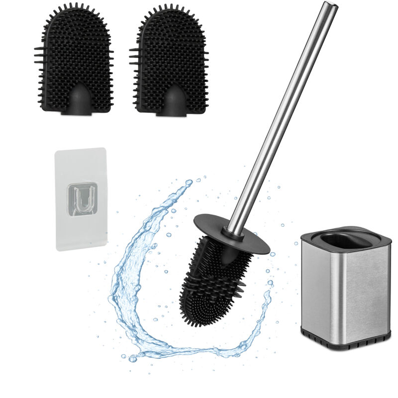foto del prodotto scopino bagno wc, portascopino da parete, spazzola piatta antibatterica con contenitore, set toilette, argento relaxdays
