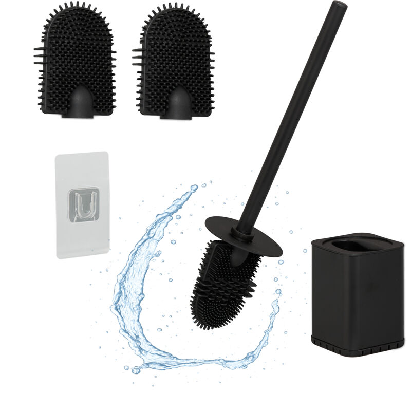 foto del prodotto scopino bagno wc, portascopino da parete, spazzola piatta antibatterica con contenitore, set toilette, nero relaxdays