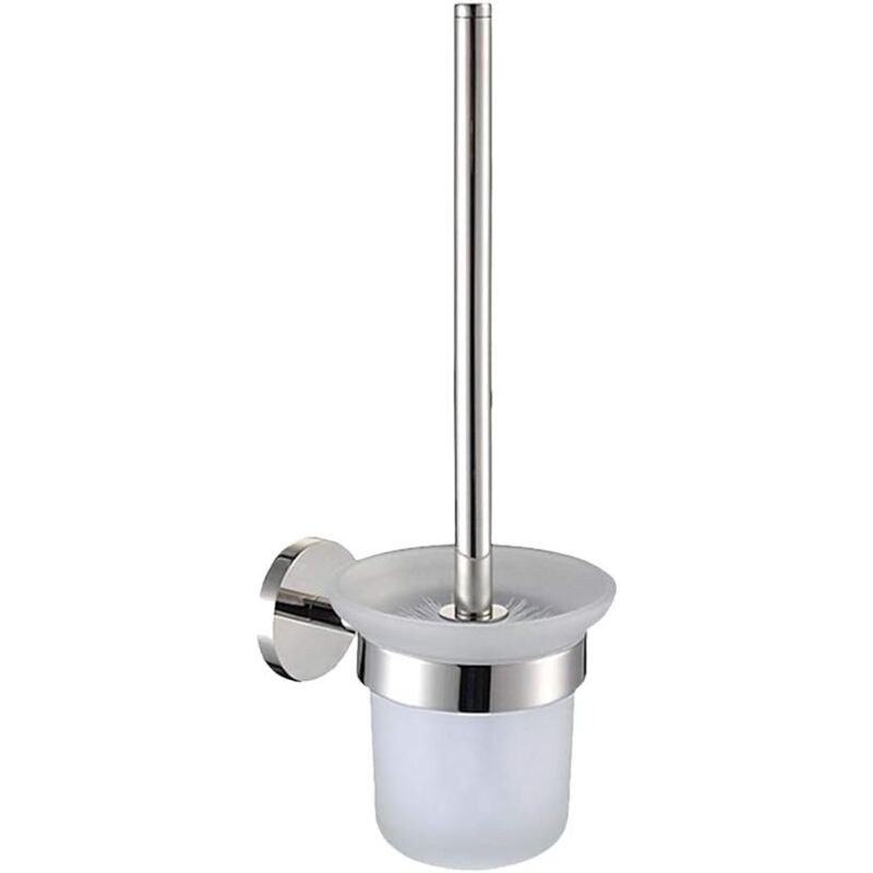 foto del prodotto scopino e porta scopino per wc, con manico in acciaio inox e ciotola in vetro temperato, autoincollante, montaggio a parete