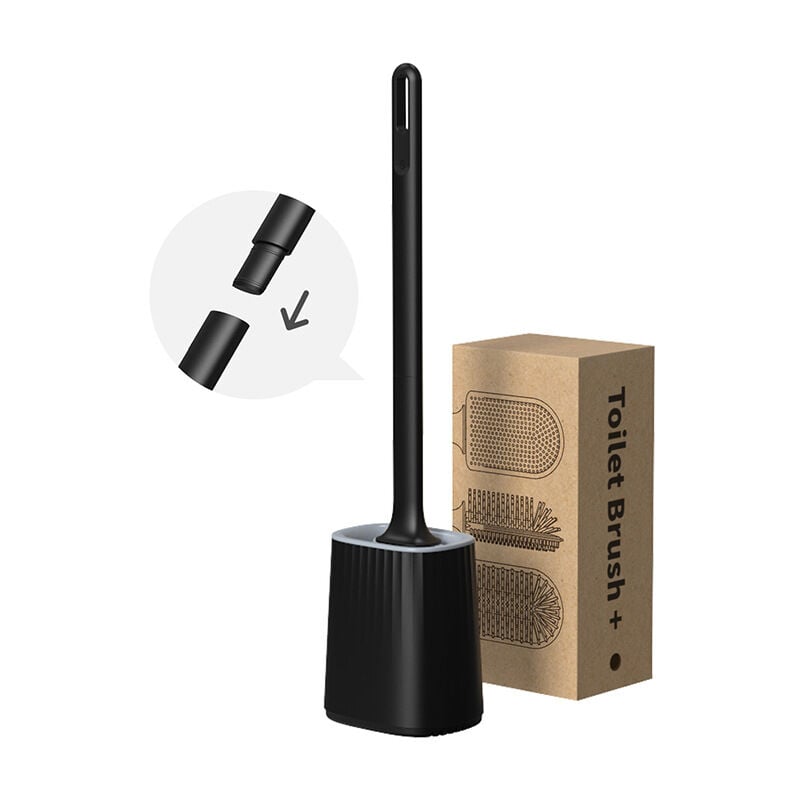 foto del prodotto scopino e porta scopino per wc, set scopino da parete con manico lungo, testina in silicone, ventilazione, asciugatura rapida, bagno colore nero 