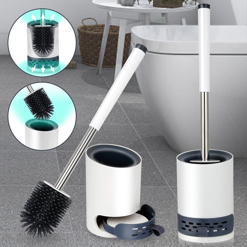 foto del prodotto scopino in silicone con supporto adesivo a parete, vaschetta di raccolta rimovibile, bianco 360 clean swanew